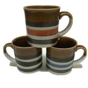 Vintage Clay in MInd Coffee Mugs Stoneware Earth Tones Stripes Brown Retro Set 3